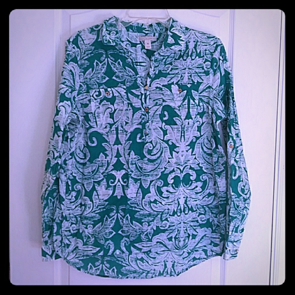 Dana Buchman Green Floral Tab Sleeve Top - Picture 1 of 4
